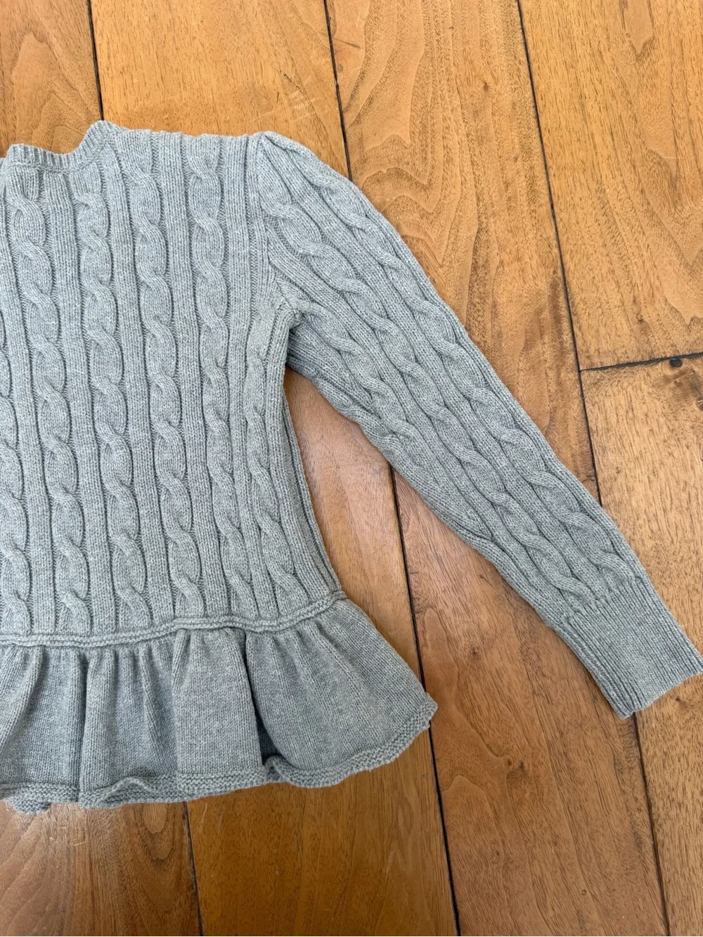 Ralph Lauren Girls Cable Knit Peplum Cardigan Gray Purple Pony Size 6 Cotton